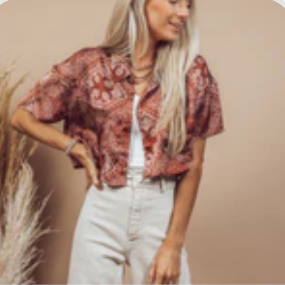 Maroon Bandana Print Silk Cropped Top – Size M